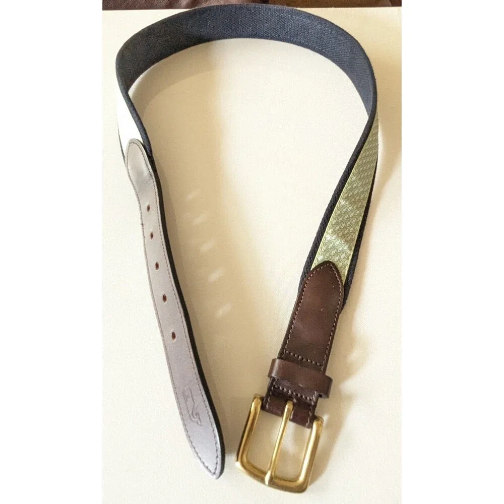 Vineyard Vines Men’s 32 Light Green Whale Print Blue Belt Brown Leather Brass